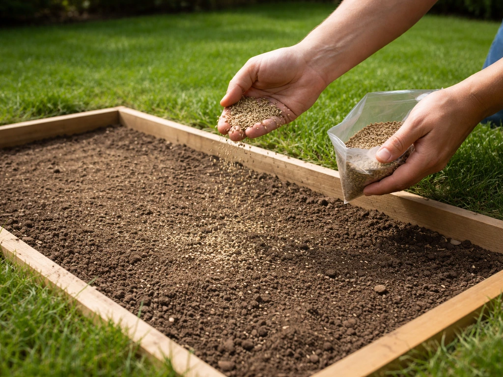 Handen die graszaad uitstrooien op een afgebakend kaal stuk tuin, met zichtbare zaadkorrels.