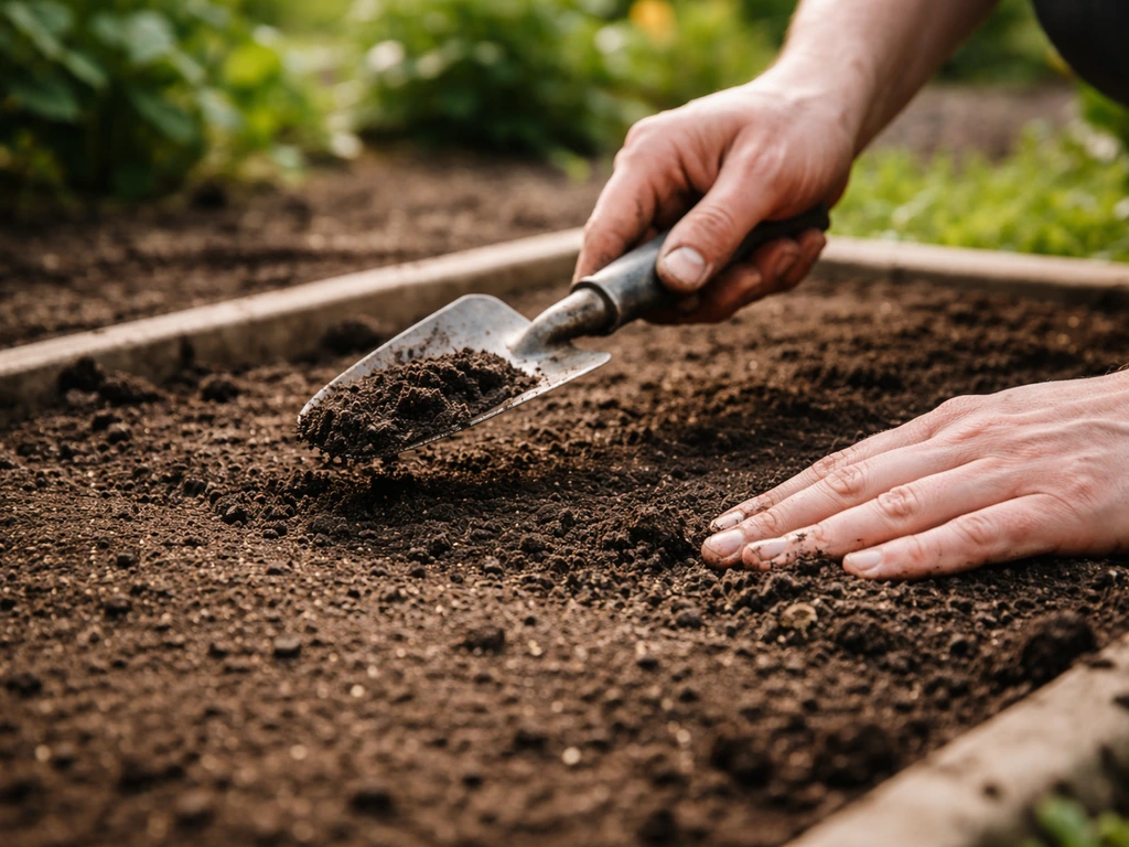 Tuinier dekt een ingezaaid vak af met een dun laagje compost en drukt het licht aan.