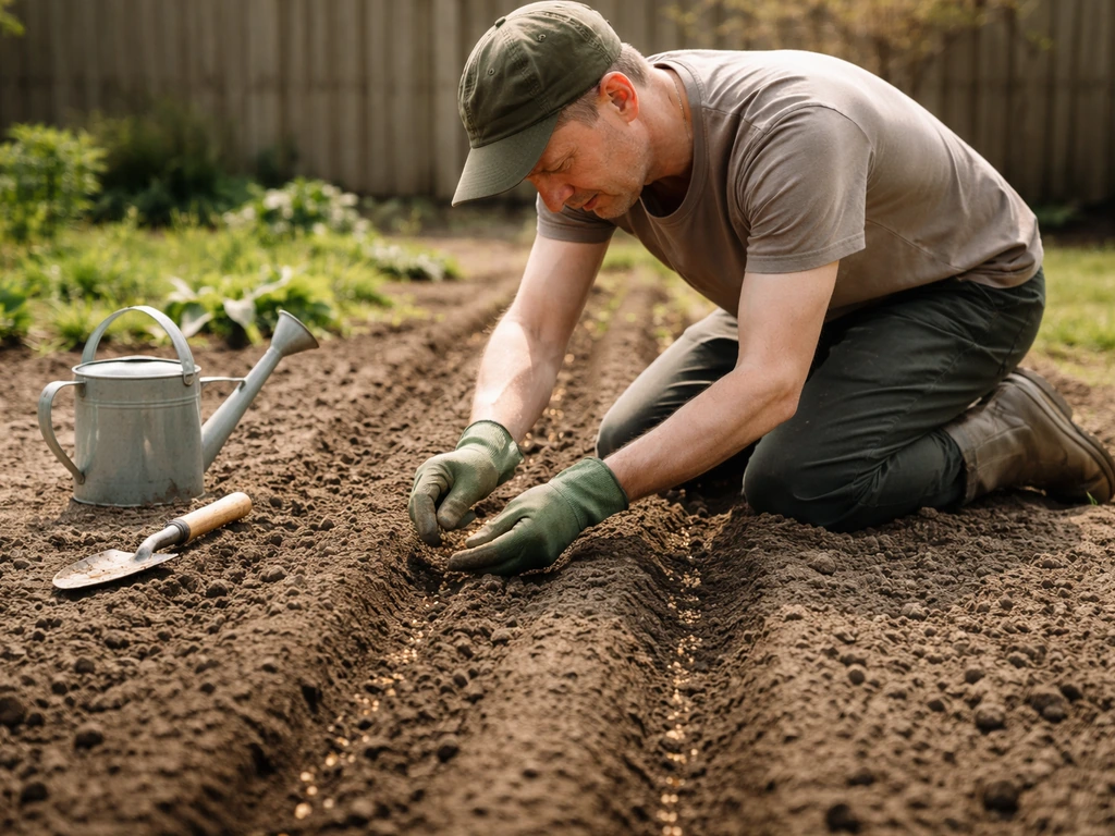 Tuinier in een Nederlands voorjaarstuin zaait op voorbereide grond, met verse zaaibedden in het licht