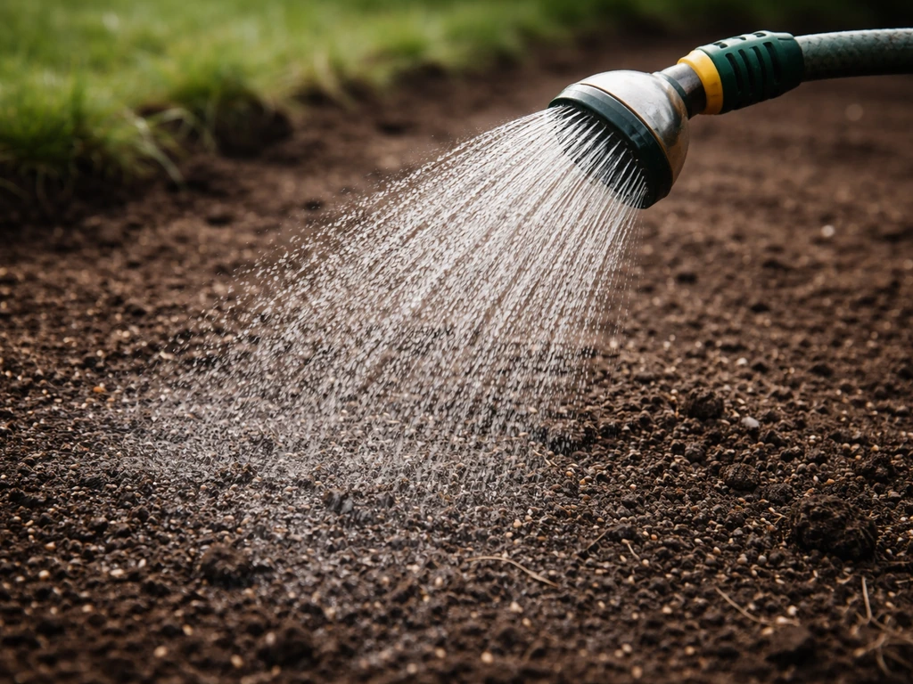 Close-up van een fijne sproeikop die gelijkmatig water over het ingezaaide zaaibed verstuift zonder plassen.