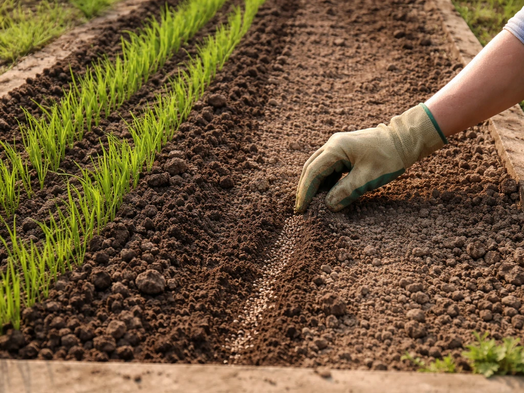 Tuinbed met kale en goed opkomende plekken, hand die zaad/grond aanpast bij een onregelmatige strook