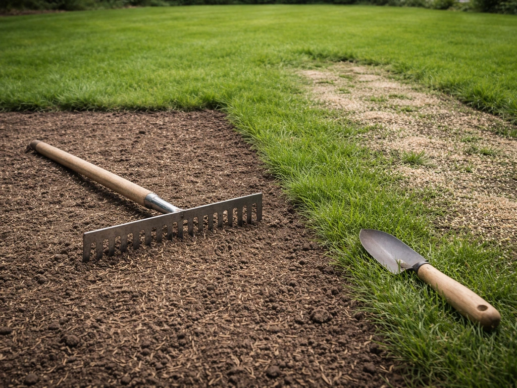 Twee tuinzones: nieuw gazon met geactiveerde grond en doorzaai/bijzaai met zaad en hark