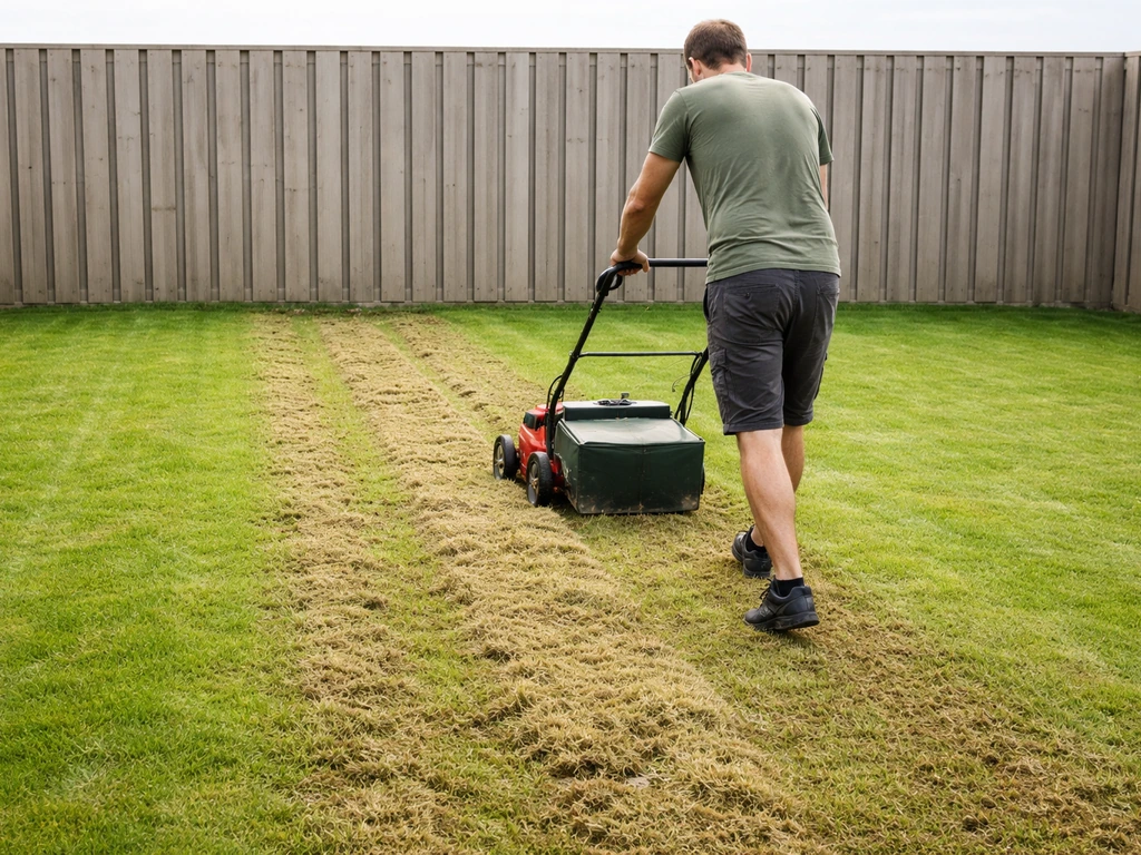 Tuinier werkt het gazon: verticuteerder verwijdert vilt na het maaien, klaar voor overzaaien.