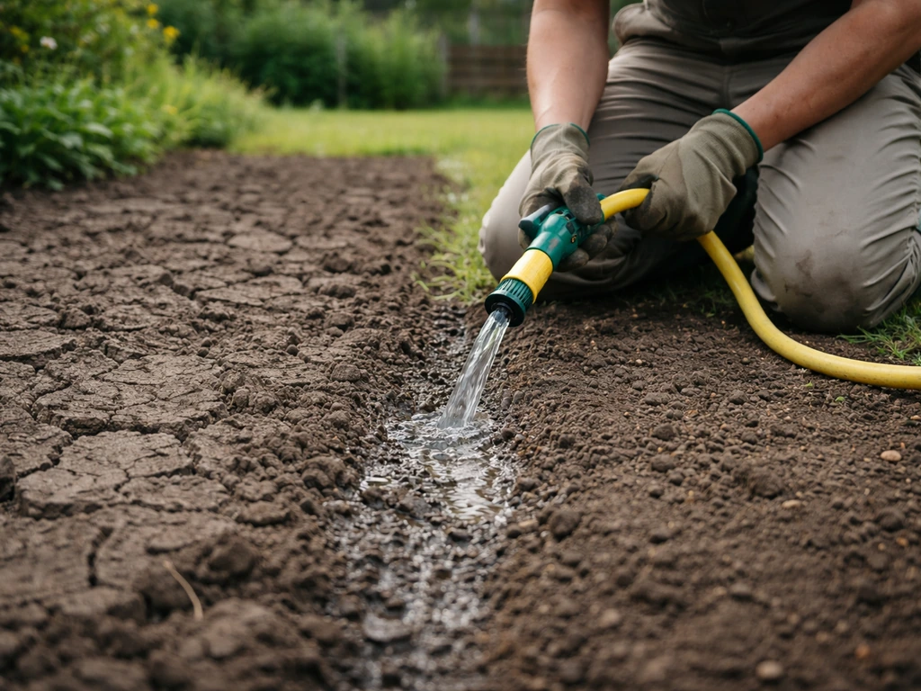 Tuinier met tuinslang bij droogte: één plek met harde, droge grond en één plek net iets vochtig