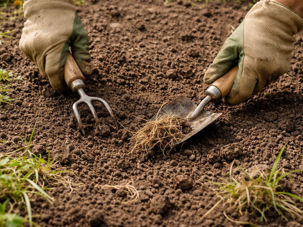Handen die een zaaibed voorbereiden: oud dood gras en onkruid verwijderen en de bovenlaag losmaken