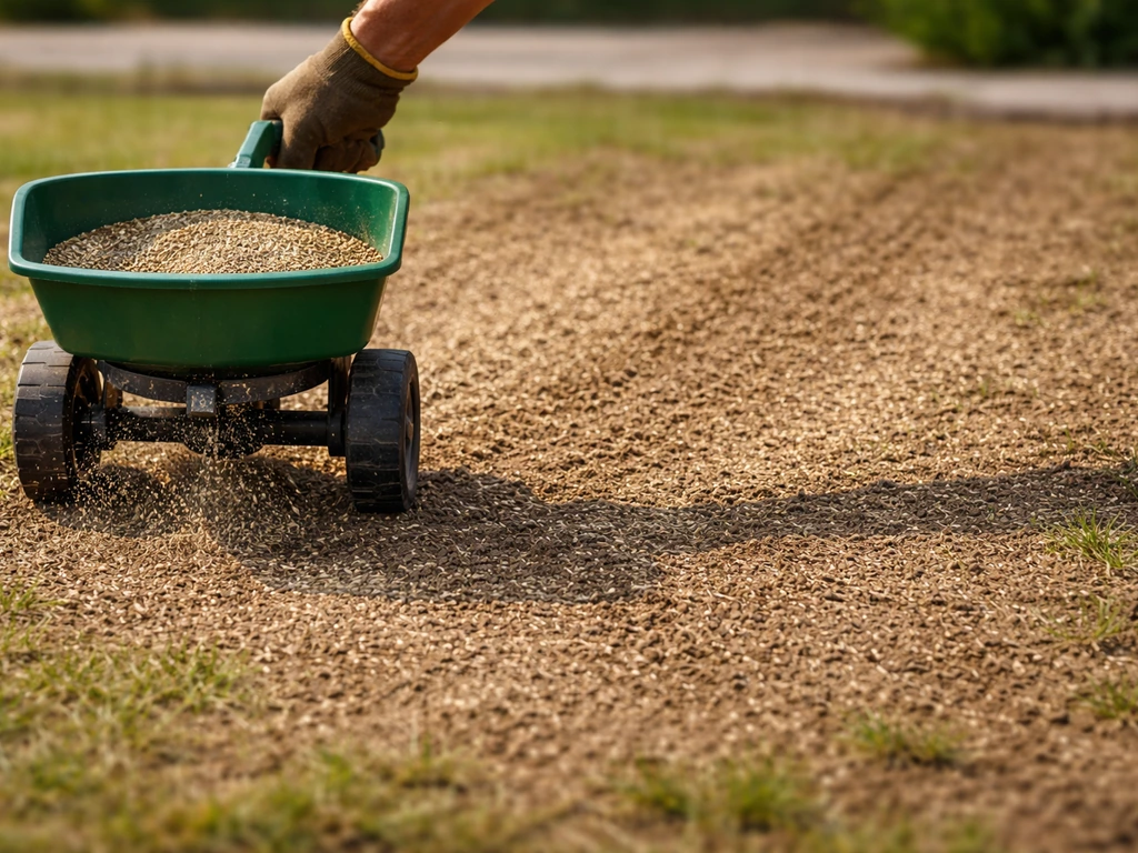 Hand en strooiwagen die gelijkmatig graszaad uitstrooien op droge grond, met licht inwerk-/aanrolspoor.