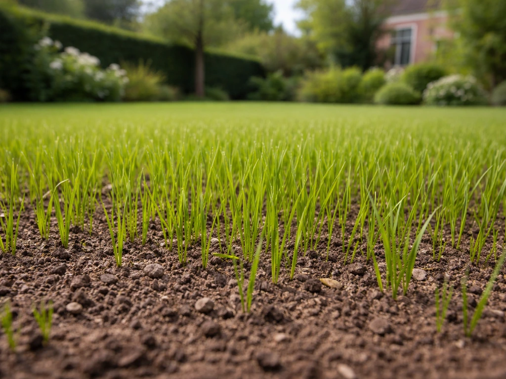Vers ingezaaid gazon met gras van ca. 7 cm en schone, stevige bodem; geen modder, duidelijk rijp om te maaien.