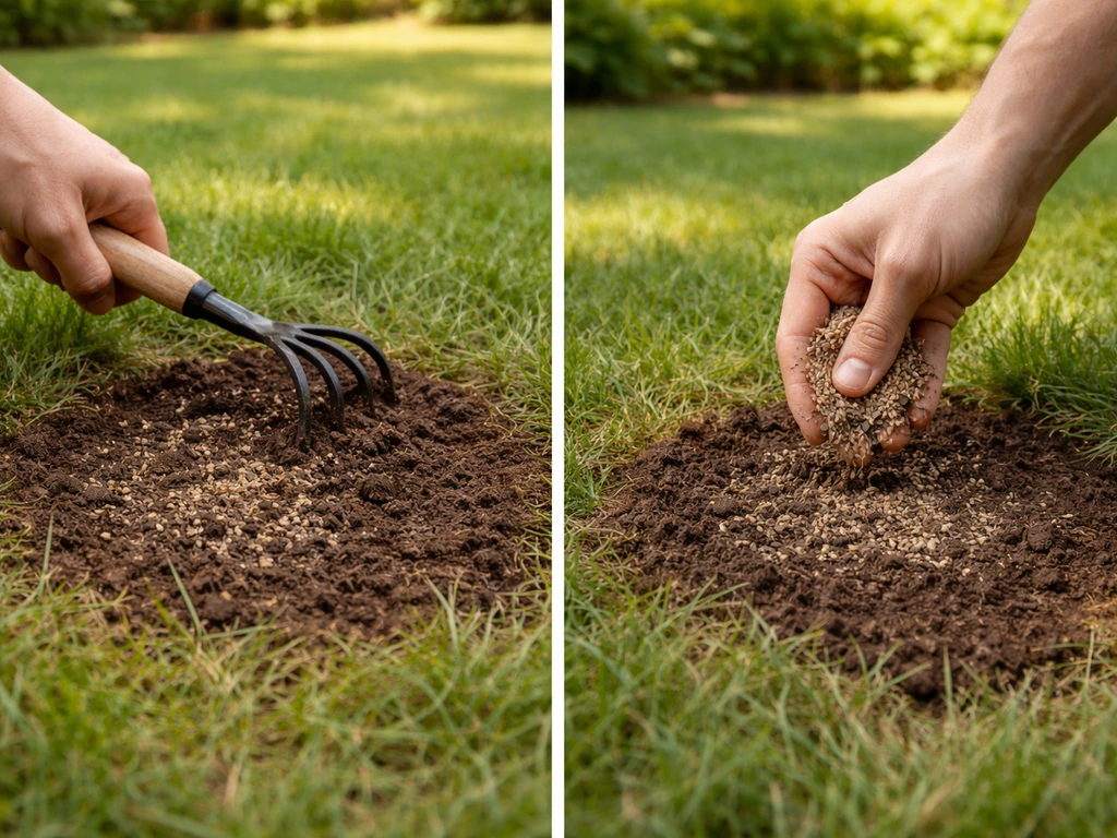 Iemand krabt aarde los bij een kale grasplek, zaait bij en drukt het licht aan met de hand.