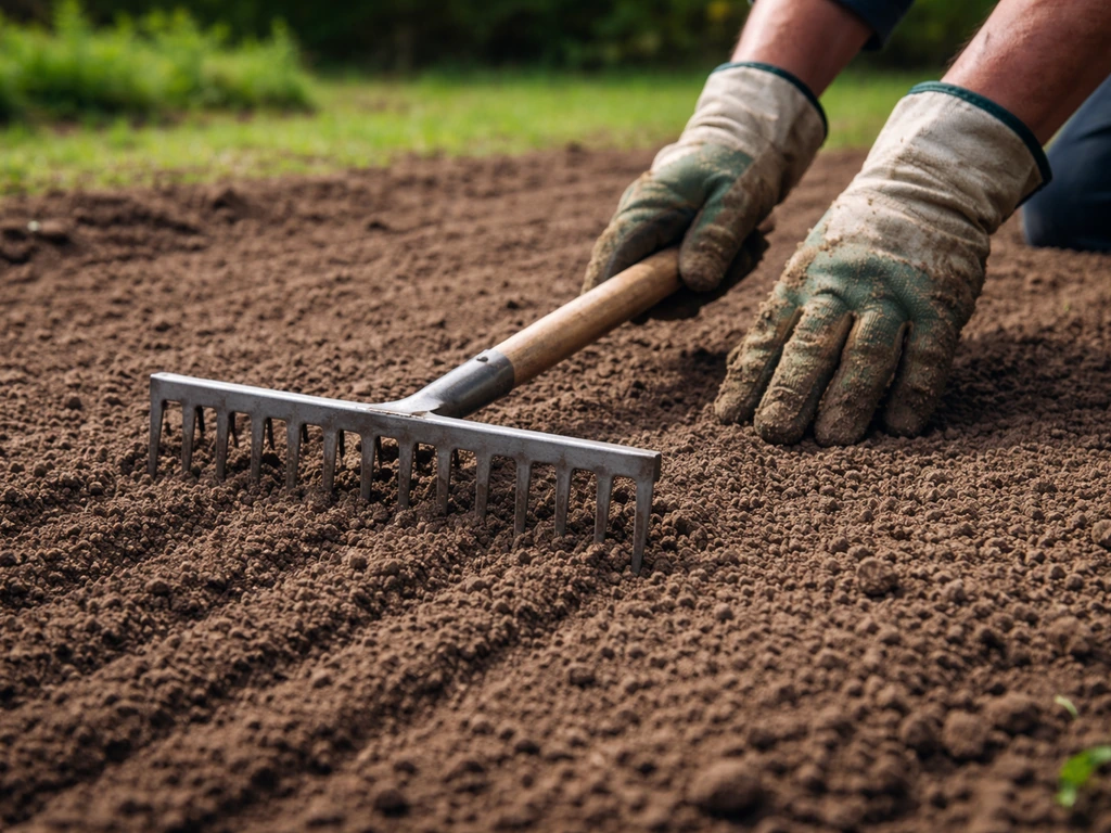 Tuinier harkt en egaliseert kruimelige aarde voor een zaaibed, klaar voor gelijkmatig graszaad.
