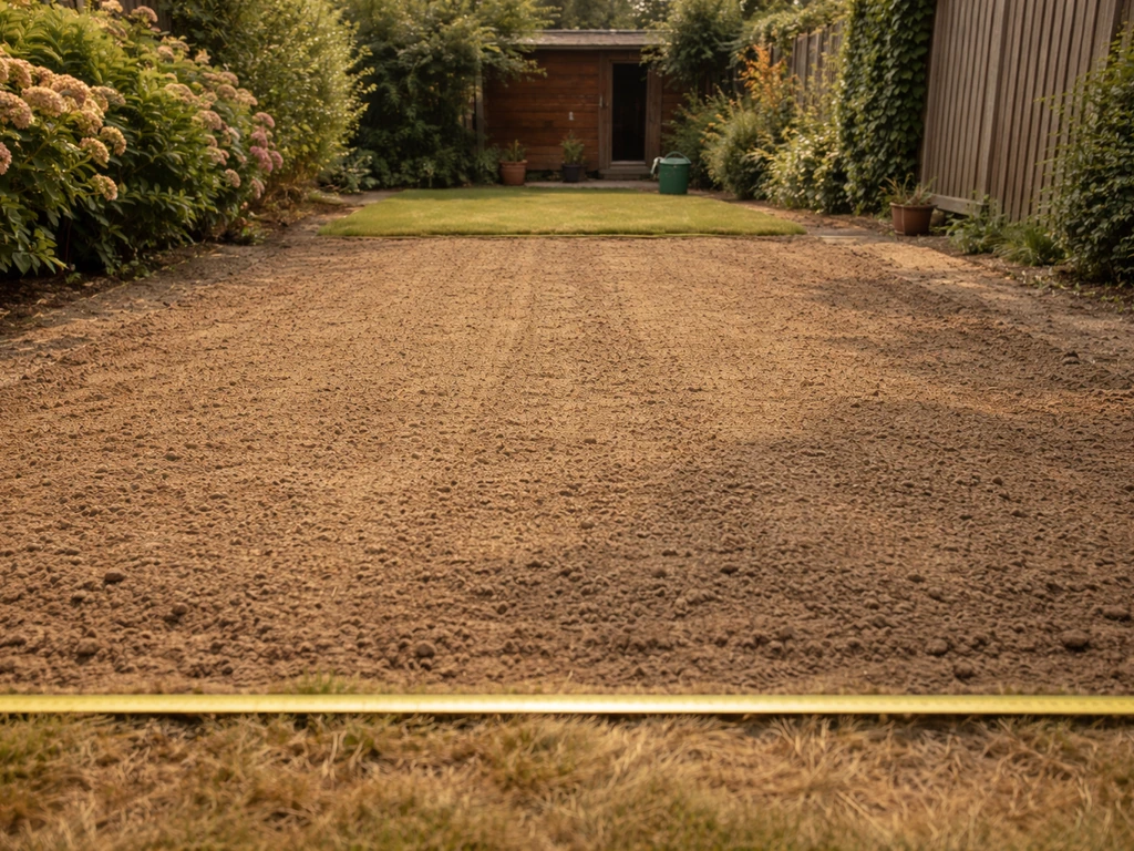 Zaaibed in een tuin waar graszaad is ingezaaid, meetlint langs de grond en warme zomerse sfeer.