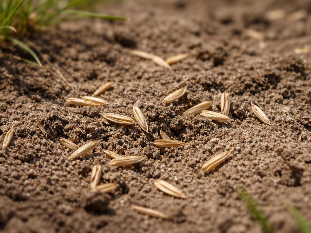 Close-up van droog graszaad op droge grond met slecht zaad-grondcontact, wat kieming bemoeilijkt.
