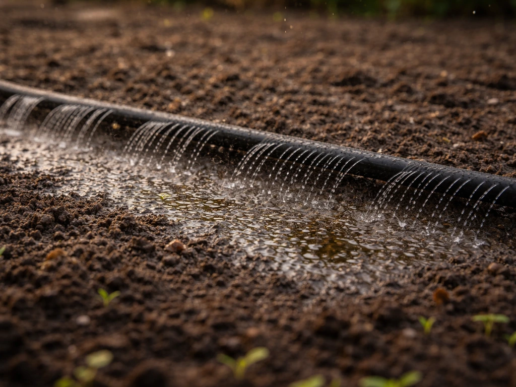 Close-up van tuinslang of druppelsysteem dat gelijkmatig water geeft op een vochtig zaaibed