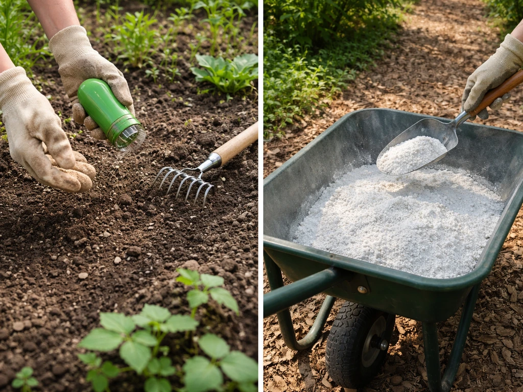 Handen maken tuinbodem klaar met zaad; aparte plek met kalkpoeder voor later strooien.