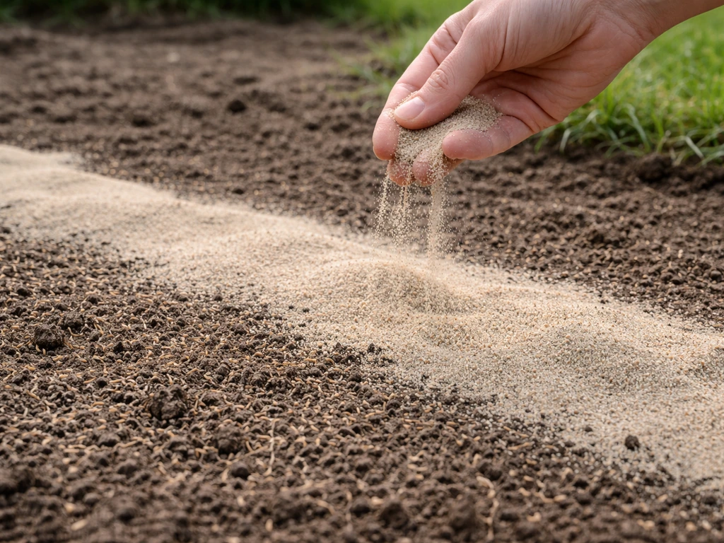 Tuinier strooit fijn zand (topdressing) over ingezaaid gras, dun laagje van 0,5–1 cm zichtbaar.