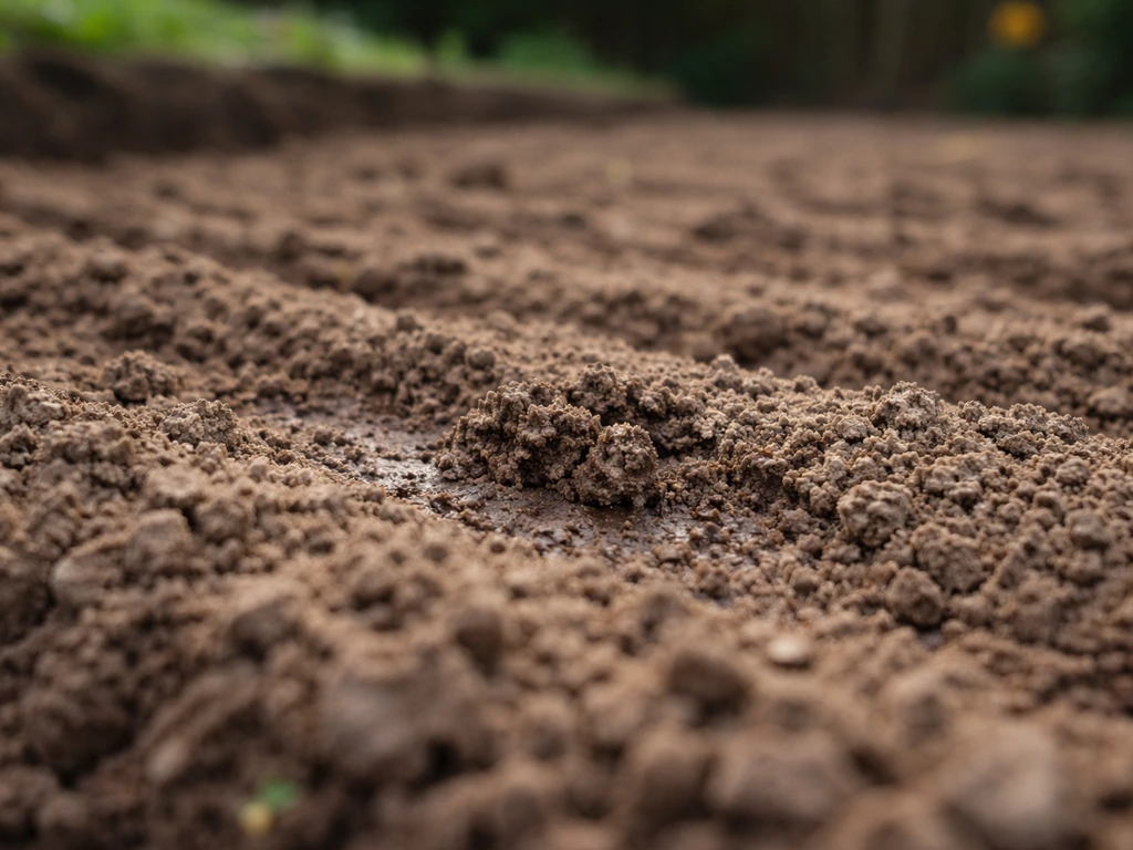 Close-up van een zaaibed met korstvorming en afdekgrond, waar graszaad nauwelijks kiemt.