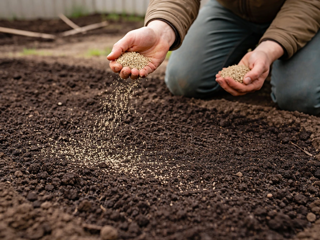 Persoon strooit graszaad uit op een zaaibed met ingewerkte compost in een stille tuin.
