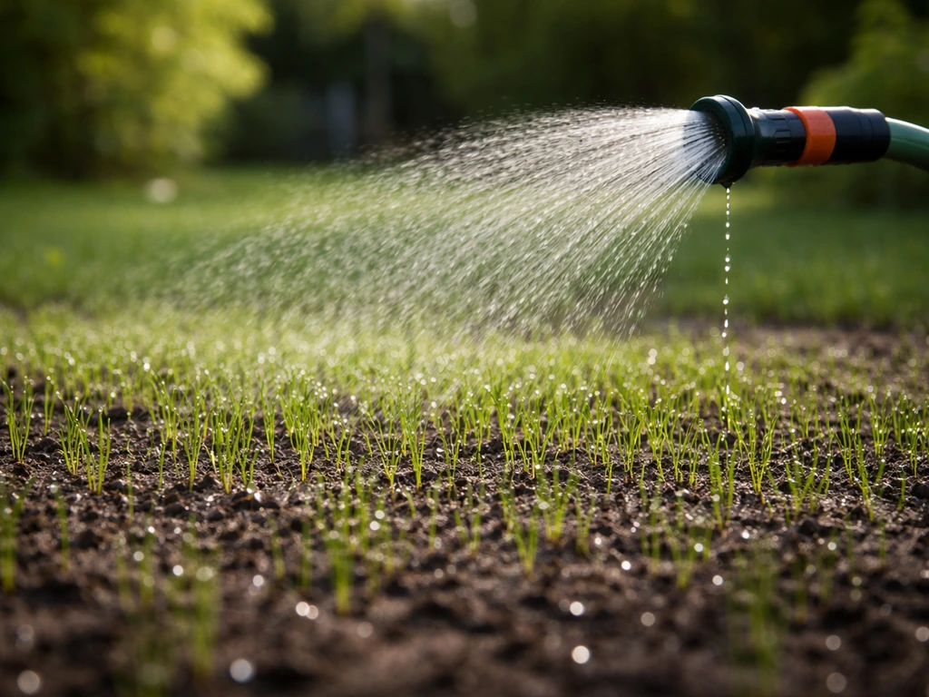 Sproeikop geeft zacht water op ingezaaid gazon; jonge graszaailingen zijn zichtbaar vochtig.