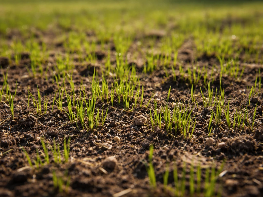 Close-up van jonge gras sprieten in nieuw ingezaaide grond, frisse voorjaarssfeer vóór de eerste maai-beurt
