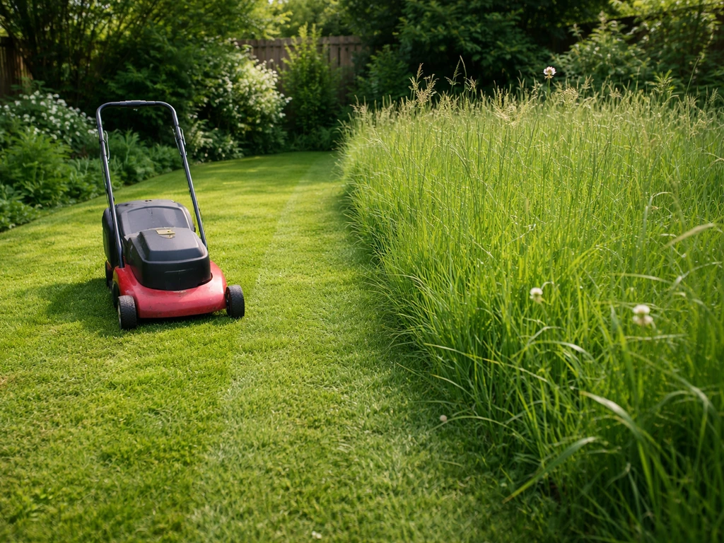 Een gazon in twee hoogtes: deels kort gemaaid en deels nog te hoog, met een grasmaaier in de tuin.