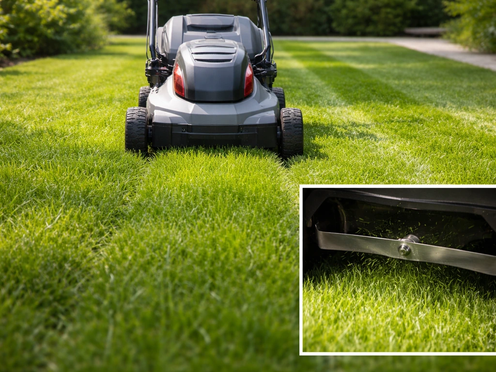 Elektrische grasmaaier maait het nieuwe gazon in rechte banen; scherp mesdetail met net geknipt gras.