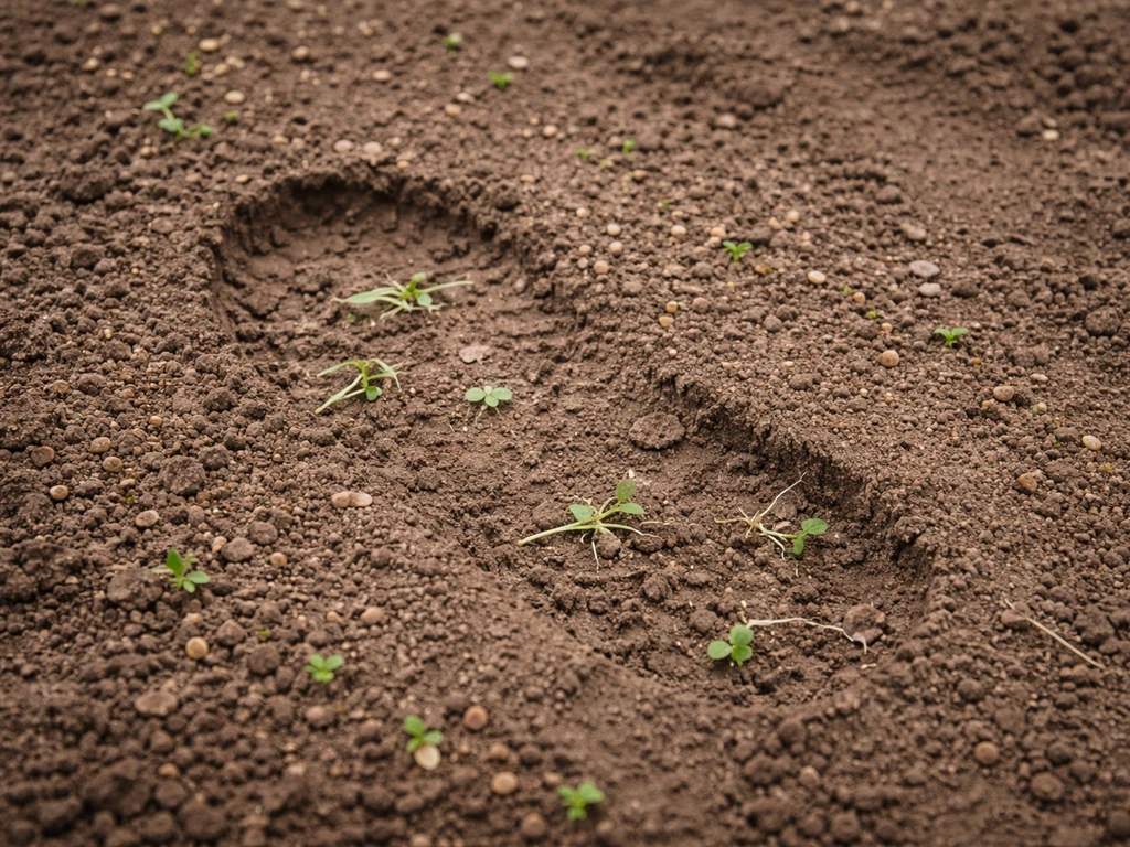 Ingezaaide grond met prille kiemplantjes en zichtbare voetindrukken die de spruiten beschadigen.