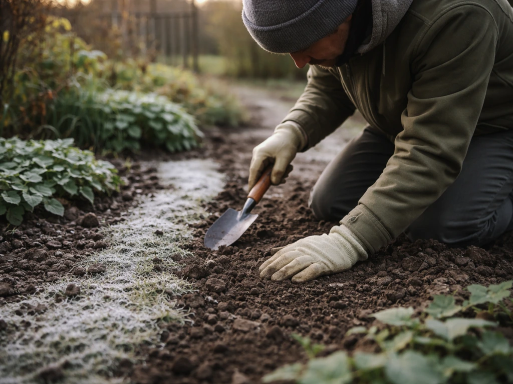 Tuinier met handschoenen controleert met een schepje de grond op bevroren plekken voor het zaaien van graszaad.