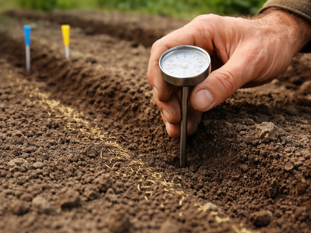Close-up van een grondmeter in de aarde naast graszaad, die bodemtemperatuur op enkele centimeters meet.