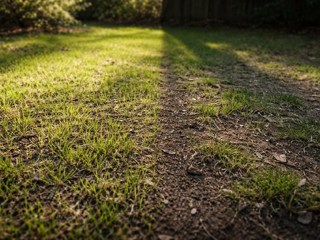 Links zonnige strook met kiemende grassprieten, rechts schaduw onder bomen met minder opkomst.