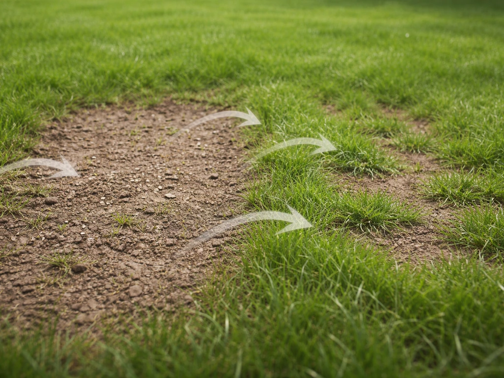 Twee naast elkaar gelegen gazonstukken: links droog en nauwelijks kiem, rechts ongelijk opkomend gras met herstelindicat