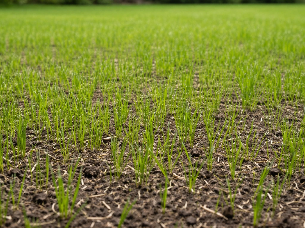 Dicht opkomend gazon met zichtbare zaadbed-structuur na het zaaien, bij daglicht in een rustige tuin