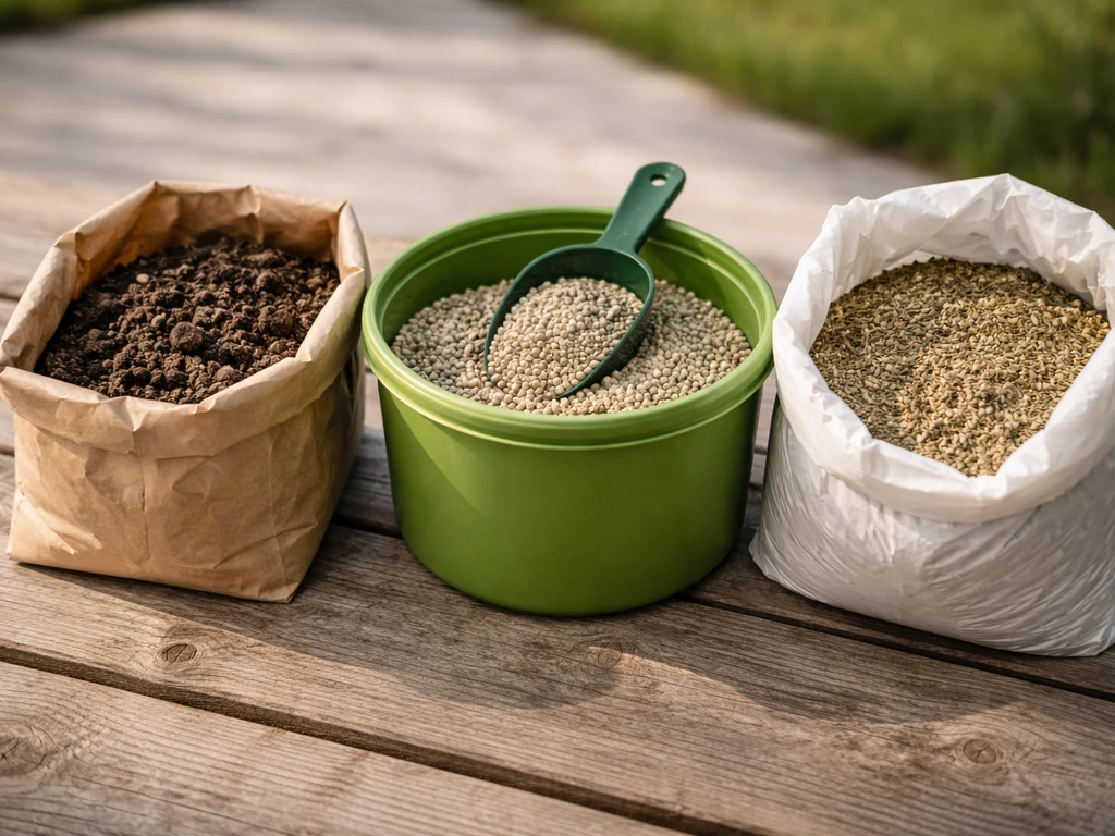 Graszaden, startmeststof en bodemverbeteraar op een werkblad, naast elkaar in een rustige tuinsetting.