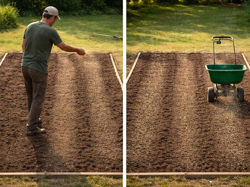 Tuinier met de hand in banen en naast een strooiwagen op hetzelfde afgebakende stuk aarde.