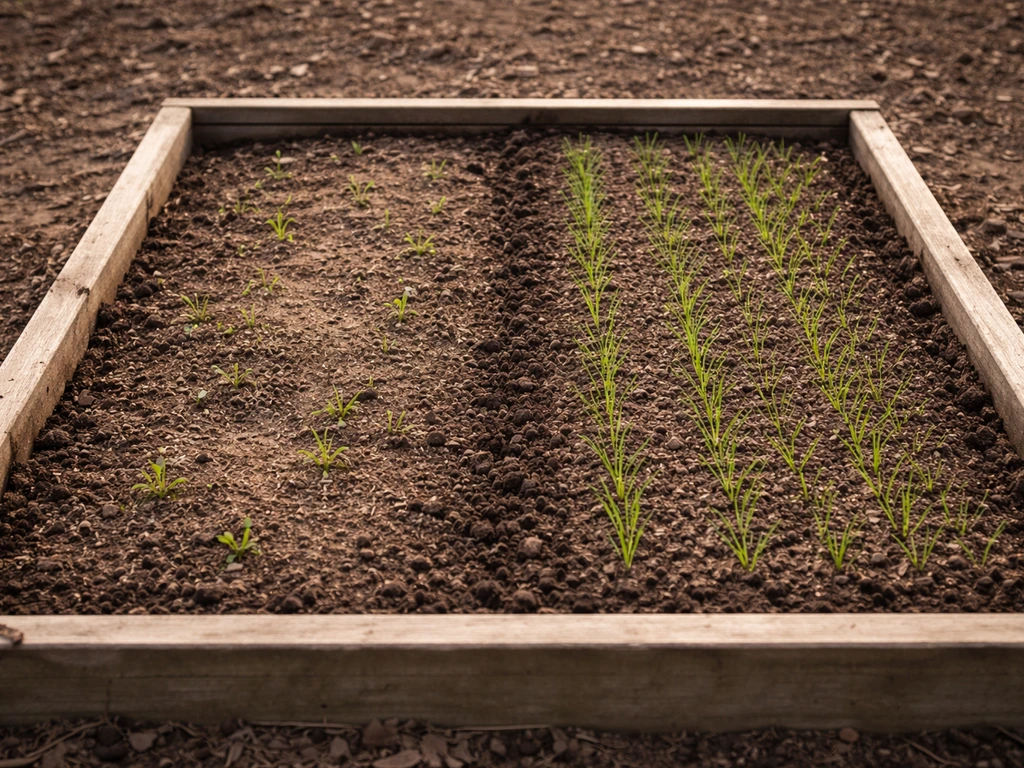 Twee zaaistroken in een moestuin: links slecht opgekomen zaad, rechts beter met lichte grondbehandeling