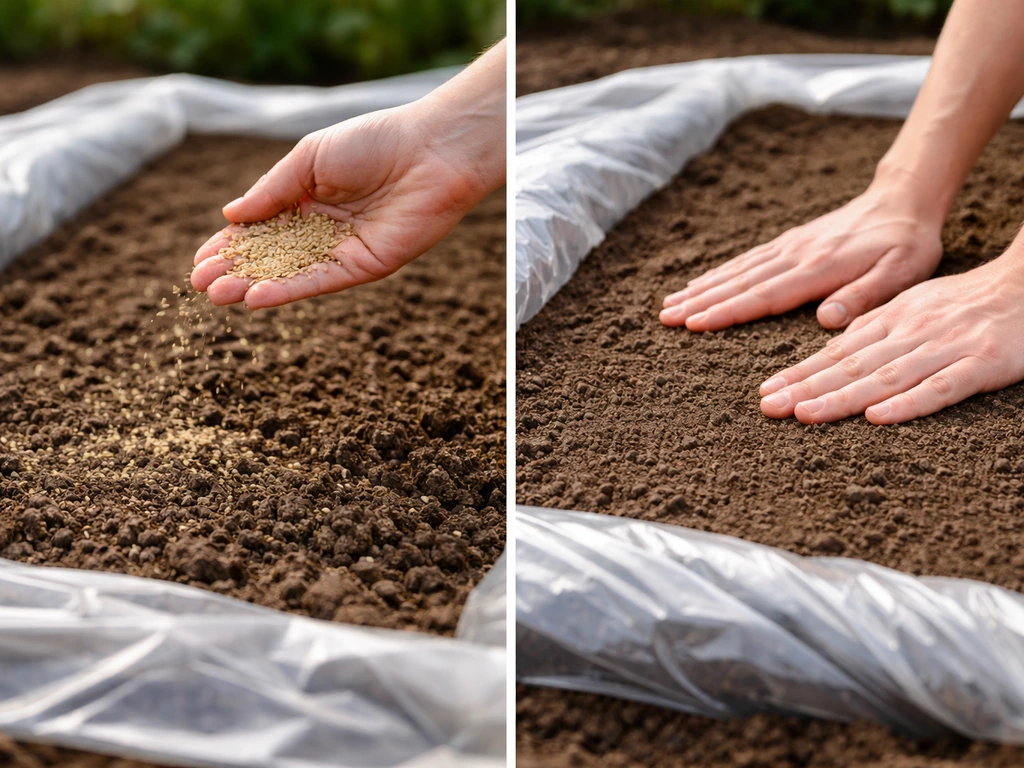 Hand die graszaad uitstrooit op losgemaakte, licht vochtige grond met plastic strak eroverheen