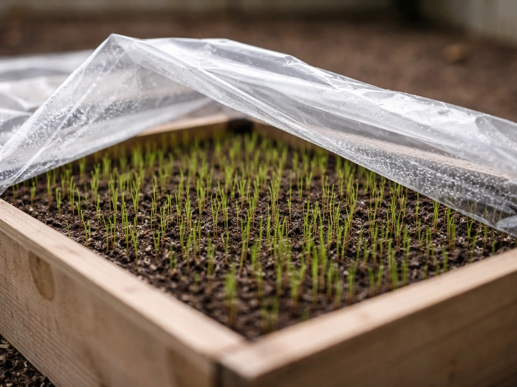 Jonge graszaadsprieten onder plastic folie, randen opgetild voor ventilatie en minder schimmel.