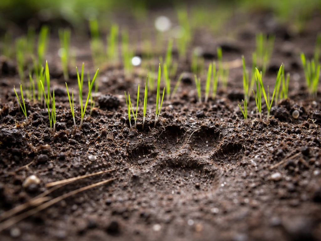 Close-up van ontkiemd gras in een tuin met een ondiep pootafdrukje, kwetsbare kiemworteltjes zichtbaar