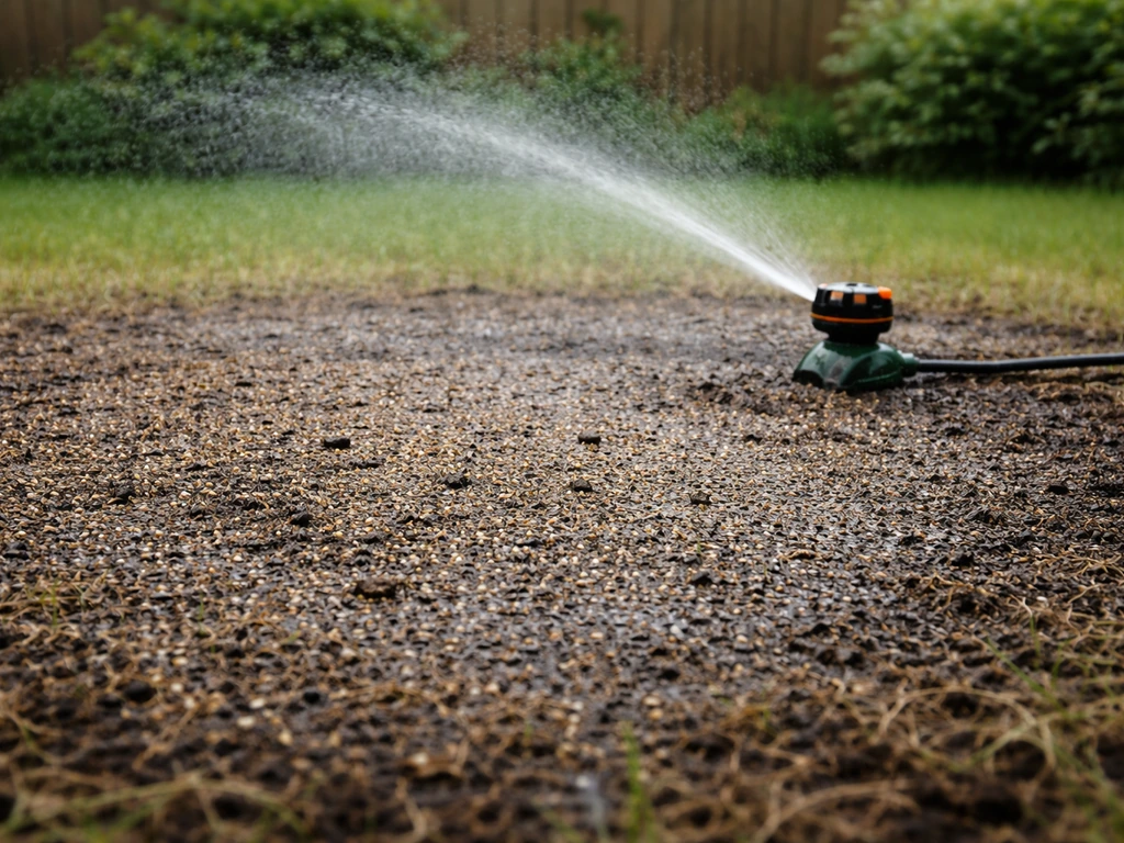 Sproeier spuit water boven ingezaaid gras; vochtig grondoppervlak in beeld tijdens de kiemfase.