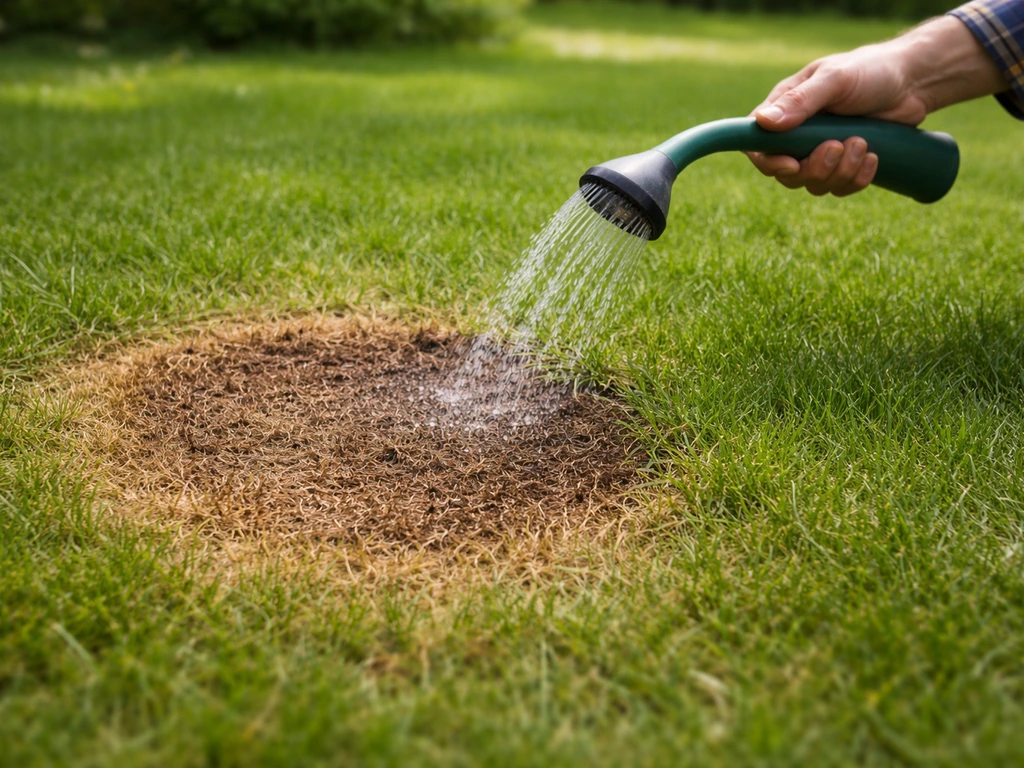 Afgebakende urinebrandplek op groen gras met zichtbare bruine schade en herstelkans door water en verzorging.