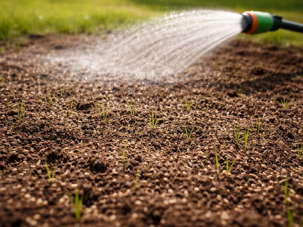 Pas ingezaaid gazon in warm weer, zichtbaar graszaad op de grond en sproeien met zachte zonneschijn