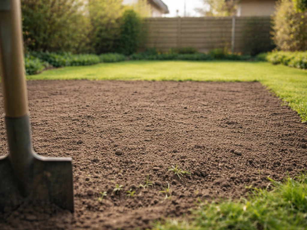 Voorjaarstuin met licht opwarmende, licht vochtige bodem rond een grasveld in Nederland, minimalistisch en realistisch.