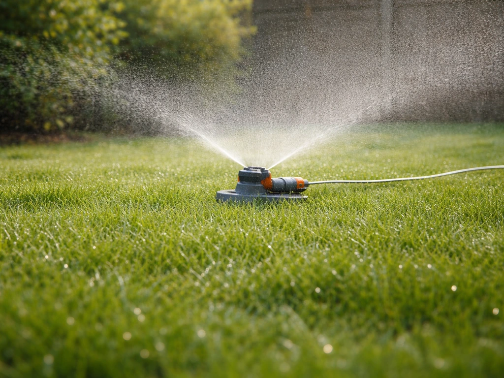 Fijne nevelsproeier die ’s ochtends een ingezaaid gazon gelijkmatig vochtig houdt.