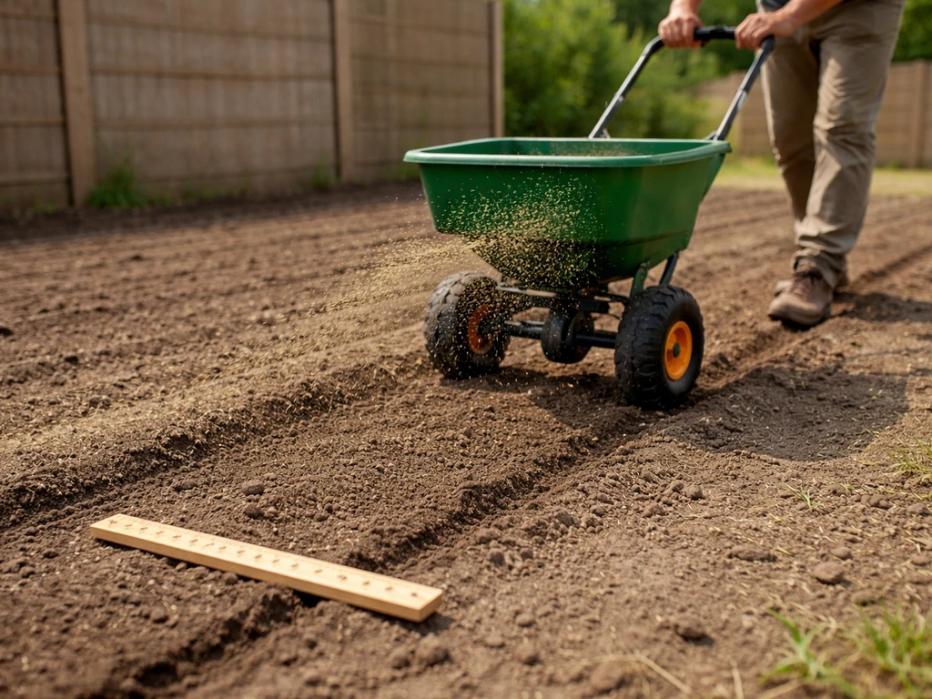 Persoon gebruikt strooiwagen in een tuinbed en controleert met een meetlat de juiste zaaidiepte
