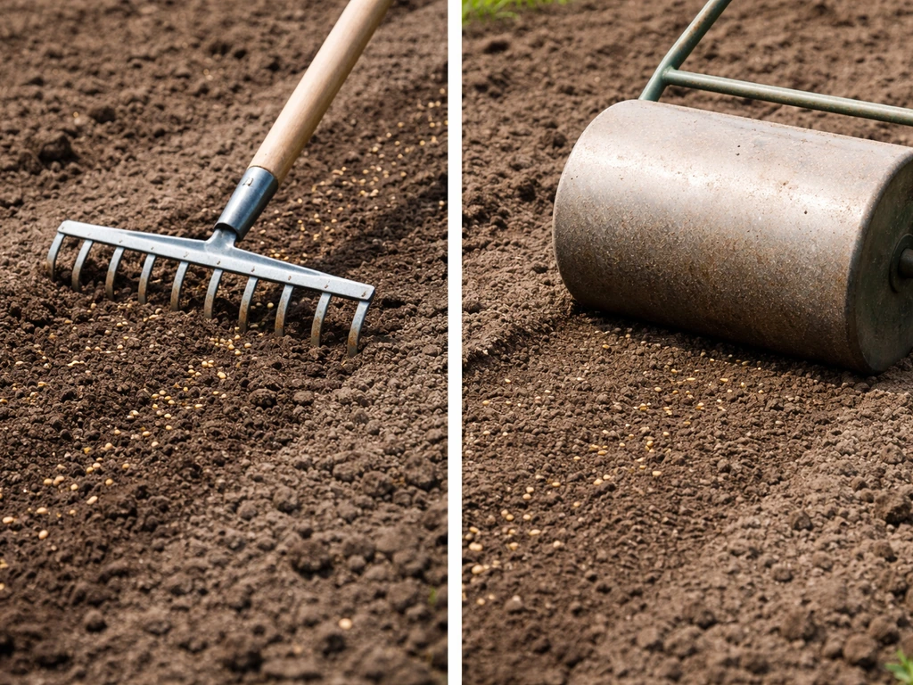 Tuinhark die zaad licht bedekt, gevolgd door een lichte tuinrol die de grond zacht aandrukt in de tuin.