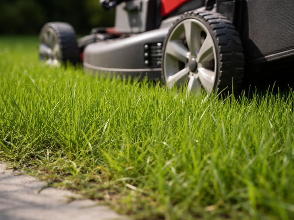 Jong gazon van ca. 8–10 cm met grasmaaier die de maaihoogte correct heeft ingesteld, met jonge sprietjes eromheen.