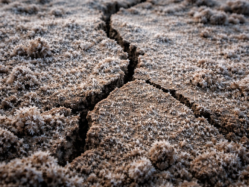 Close-up van bevroren, gescheurde bodem met rijp op de aarde, als teken van te koud en nat-bevroren grond.