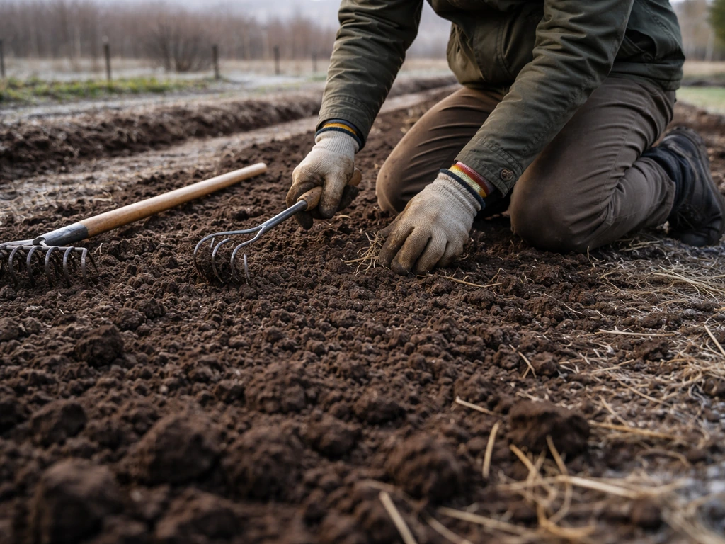 Knecht die in koude periode onkruid wegkrabt en grond egaal maakt in een moestuinbed.