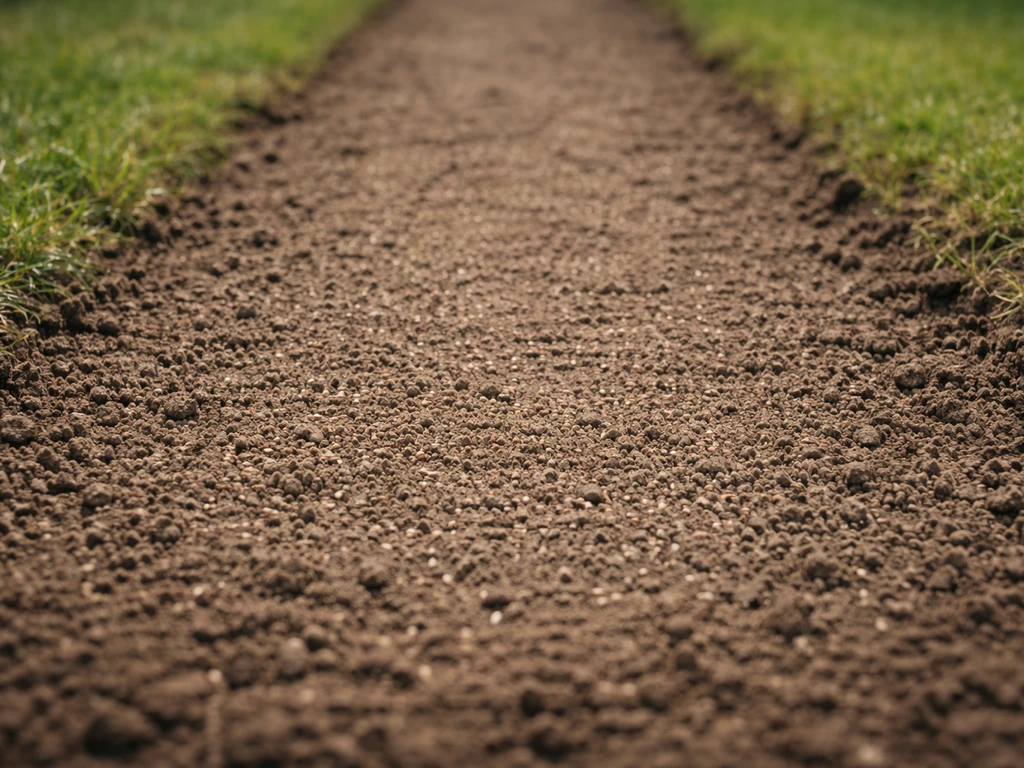 Close-up van een egaal ingezaaide strook met licht afgedekt graszaad en afgestreken grond, 5–15 mm diepte.
