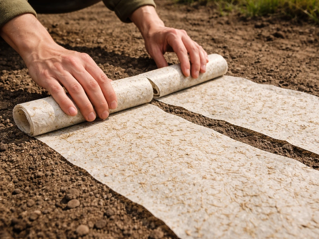 Close-up van anoniem iemand die dun zaadpapier met graszaad uitrolt op kale aarde in de tuin.