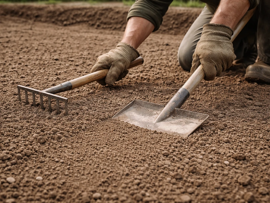 Tuinier maakt met hark en spade een vlak, fijn zaaibed; kleine kluiten verkruimeld en stenen verwijderd.