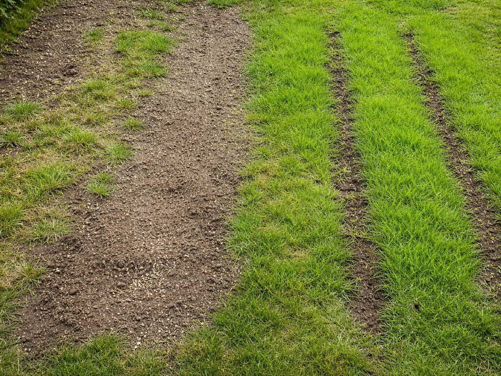 Bovenaanblik van een Nederlands gazon met kale plekken die dicht ingezaaid worden voor onkruidvrije groei.